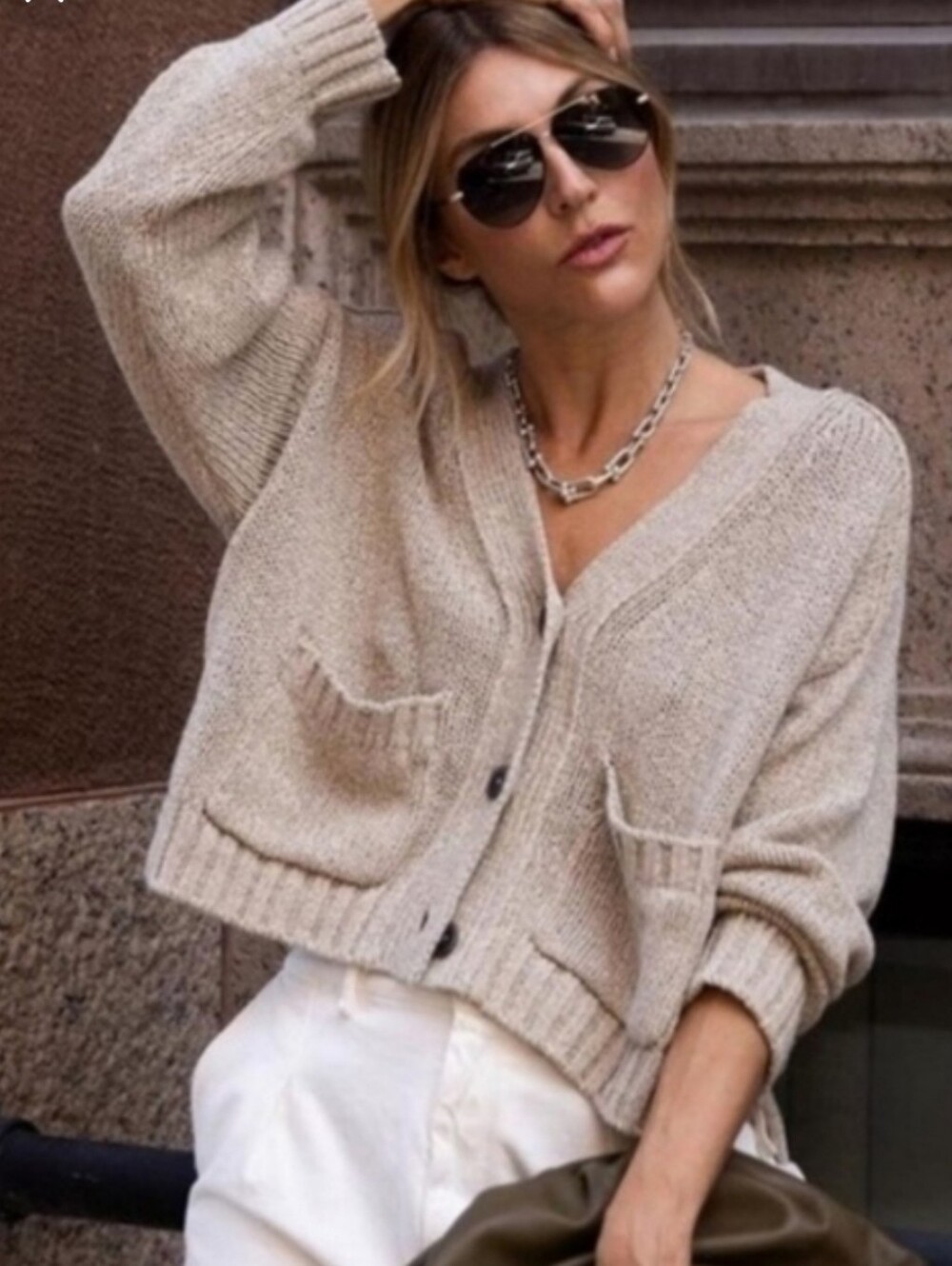 Brochu Walker Beige Luxury Linen Cotton Cropped Cardigan Sweater Size S